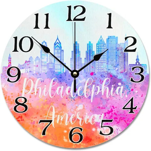 Reloj de pared con silueta de horizonte de Filadelfia de Estados Unidos, acuarela, paisaje urbano, relojes de pared grandes, funciona con pilas, 10