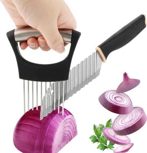 Miniatura 4 de Cuchillo de corte arrugado, mango de goma, cortador de papas fritas de acero inoxidable con soporte para cebolla, cuchillo para cortar ensalada