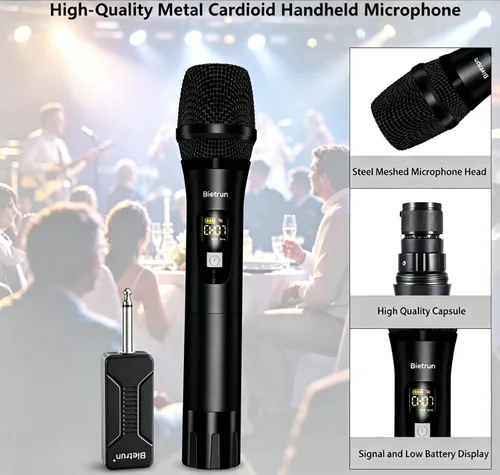 Miniatura 3 de Bietrun - Micrófono inalámbrico, micrófono dinámico con receptor recargable, conexión automática, diseño de todo metal, rango de 160 pies, micrófono