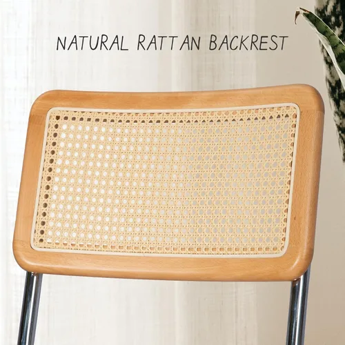 Miniatura 4 de Juego de 2 sillas de comedor de ratán, sillas modernas de mediados de siglo con patas cromadas de metal, sillas con respaldo de caña sin brazos