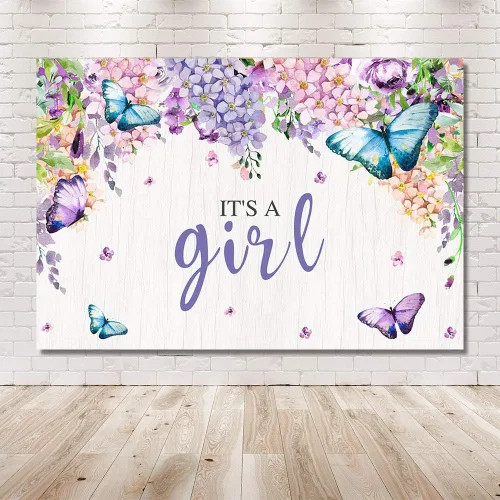 Miniatura 6 de MEHOFOTO - Cartel de fondo de cabina de estudio fotográfico con texto en inglés "It's A Girl" con diseño de mariposa para baby shower, baby shower