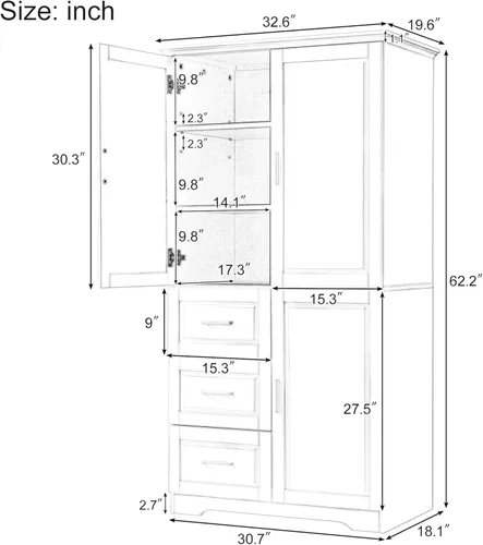 Miniatura 2 de LUMISOL Armario de baño alto y ancho con 3 puertas y 3 cajones, armario de almacenamiento independiente de acento, armario de despensa de cocina