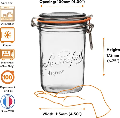 Miniatura 5 de Le Parfait Super Terrine - Tarro de vidrio francés de 32 onzas (paquete de 4) de 1 litro, sello de goma hermético y tapa de vidrio, tarros de vidrio