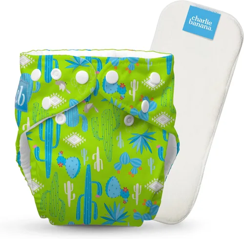 Charlie Banana Pañales de tela, reutilizables, lavables, ajustables, talla única, para bebés y niños pequeños, con inserto absorbente, cactus verde,