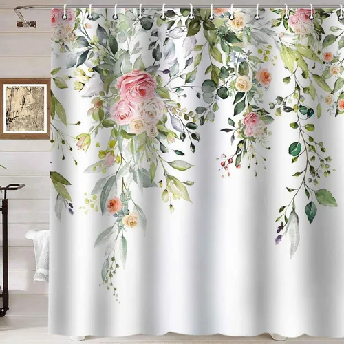 Miniatura 26 de Namdeva Cortina de ducha rústica de granja, diseño de mariposa azul, flores de algodón blanco, citas inspiradoras, estilo shabby chic, decoración