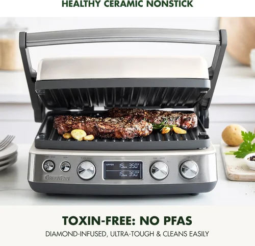 Miniatura 2 de GreenPan Elite Parrilla de Contacto y Plancha Multifunción 7 en 1, Antiadherente Cerámico Saludable, Placas para Parrilla y Waffle, Tono y Blanco
