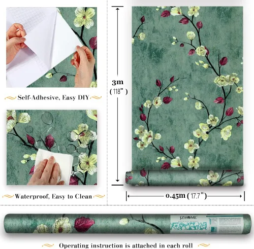 Miniatura 2 de Papel tapiz floral para despegar y pegar, 17.7 pulgadas x 9.8 pies, flor de ciruela verde, extraíble, autoadhesivo, papel de contacto decorativo