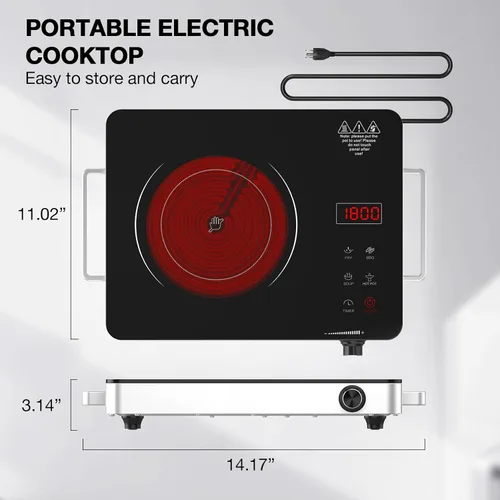 Miniatura 2 de Placa de cocción eléctrica, Placa de cocción eléctrica portátil de 1800W con quemador individual con enchufe, Placa caliente de encimera, 110V-120V