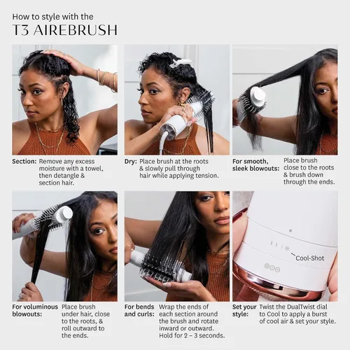 Miniatura 9 de T3 AireBrush One Step Smoothing and Volumizing Hair Blow Dryer Brush, for Fast Drying and Styling with Multiple Heat and Speed Settings, Ceramic and