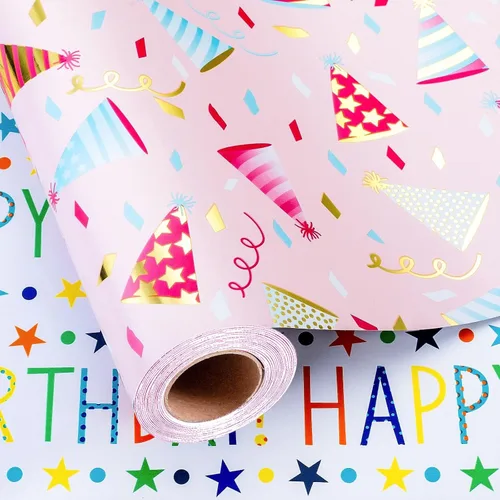 Miniatura 37 de Burymento Papel de regalo de animales, diseño reversible de lunares, envoltura de regalo para baby shower, cumpleaños, San Valentín, día