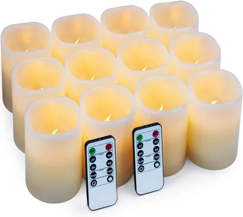 Hausware Velas sin llama, a batería, juego de 12 (D: 7,62 cm x A: 10,16 cm) Velas de cera real, pilar titilante, velas LED sin llama con control