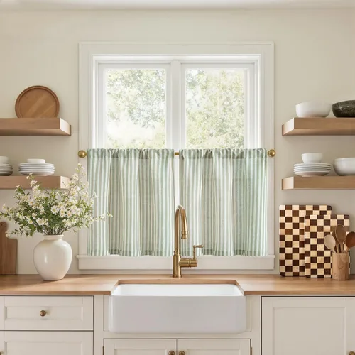 Miniatura 62 de jinchan - Cortinas de lino a rayas para cocina de 20 pulgadas de largo, cortinas de varios niveles, estilo granja moderna de café, tratamientos