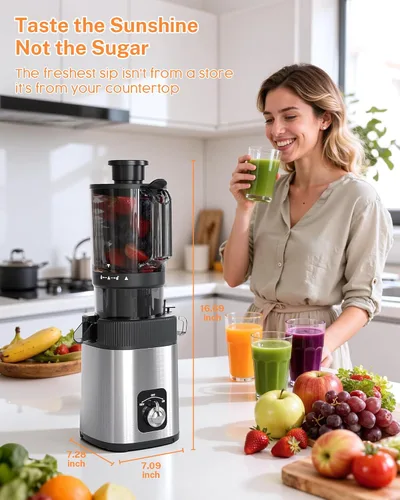 Miniatura 8 de Kndko Exprimidor de prensa en frío con canal de alimentación de 4.35 pulgadas de ancho, máquina de masticación lenta para frutas y verduras enteras