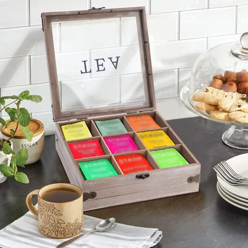 Miniatura 2 de Organizador de caja de té, almacenamiento rústico para bolsitas de té, soporte para bolsas de té para paquetes de cápsulas de azúcar y más, elegante