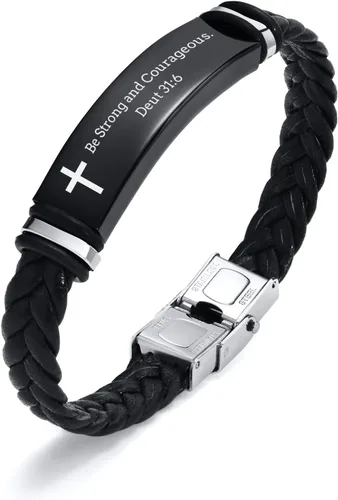 Pulsera de cuero para hombre, regalo de sobriedad para hombre: cita inspiradora/versículo bíblico grabado, pulsera trenzada negra para hombre,