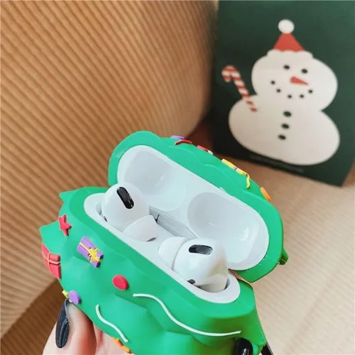 Miniatura 6 de Funda de silicona suave para árbol de Navidad con llavero para Apple AirPods 1, 2, 1ª generación, 2016, 2019, modelo de color verde 3D, caricatura