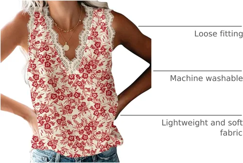 Miniatura 61 de VIISHOW - Camiseta sin mangas, sexy, con cuello en V y bordes de encaje para mujer, camisola de vestir, camisas de gasa, sin mangas, casuales