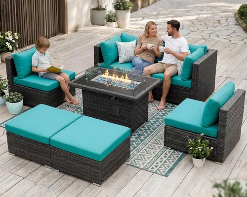 Miniatura 2 de BULEXYARD Juego de 7 piezas de sofá seccional para exteriores con respaldo alto, mesa para fogatas, juego de muebles de patio de mimbre resistente a