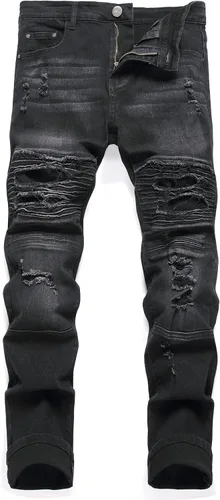 AITITIA - Jeans desgastados para hombre de corte recto con cremallera, estilo motociclista