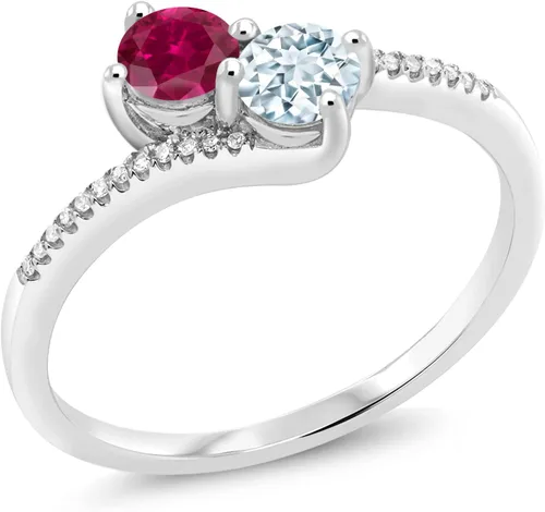 Gem Stone King Anillo de compromiso Forever United de oro blanco de 10 quilates con 2 piedras rojas creadas en rubí y azul cielo aguamarina y