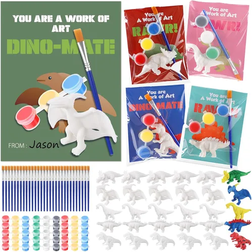 30 juegos de recuerdos de fiesta de dinosaurios kit de pintura con tarjetas, figuras de dinosaurio, artes y manualidades, regalo de intercambio de