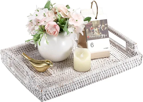 Hipiwe Bandeja de ratán para servir con asas de madera, bandeja decorativa tejida a mano para mesa de café, cesta rectangular, bandejas otomanas de