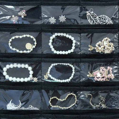 Miniatura 2 de Organizador colgante de doble cara para joyas, soporte para herramientas pequeñas con 80 bolsillos transparentes (negro)