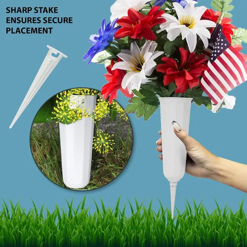 Miniatura 2 de Jarrones florales conmemorativos con espuma incluida, (blanco, paquete de 2) Jarrones para exteriores en el suelo con estacas, para flores frescas