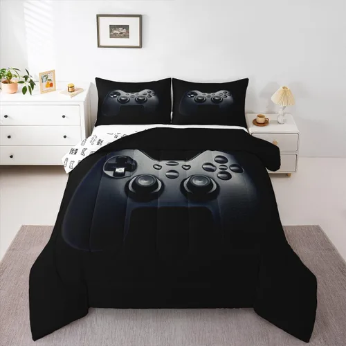 Miniatura 4 de Feelyou Juego de edredón negro para adolescentes y niños, juego de ropa de cama con estampado de consola de videojuegos de 2 piezas, 1 edredón con 1