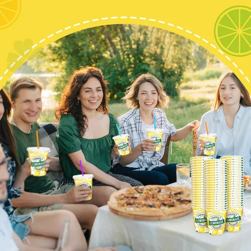 Miniatura 4 de Meanplan 300 piezas/100 juegos de vasos de limonada con tapas y pajitas, vasos desechables para fiestas, tazas de papel de limón, suministros