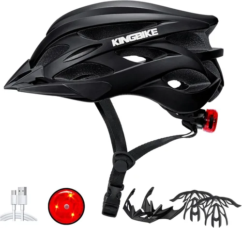 KINGBIKE - Casco de bicicleta para adultos, hombres, mujeres y jóvenes, para ciclismo en carretera y montaña, con luz recargable por USB,