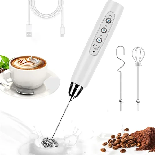 Miniatura 14 de BSRGMS Espumador de leche de mano para café, batidor eléctrico de 3 velocidades ajustables, mezclador de bebidas con 3 batidores de acero