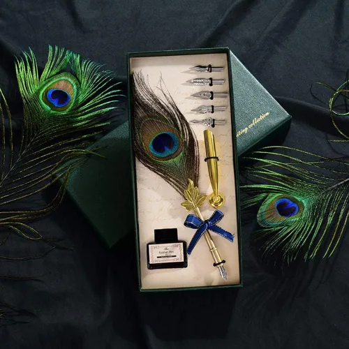Miniatura 7 de Juego de bolígrafos de plumas de pavo real, caligrafía antigua, bolígrafo de inmersión de tinta con soporte, tinta y 5 puntas de repuesto en caja