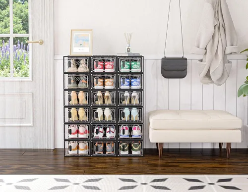Miniatura 7 de SIMPDIY Almacenamiento de zapatos, paquete de 12 organizadores de zapatos para armario, cajas de zapatos apilables de plástico transparente con Negro