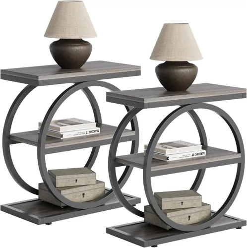 Miniatura 12 de LITTLE TREE Mesa auxiliar de 3 niveles, mesa auxiliar industrial con estantes de almacenamiento, mesa auxiliar de sofá pequeña para sala de estar