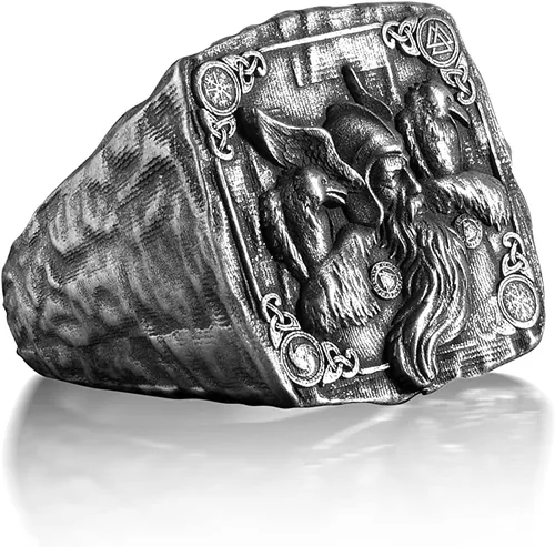 Miniatura 2 de BySilverStone Jewelry - Anillo de plata Odin The Viking God with Raven Signet, joyería de mitología escandinava, anillo para hombre de Hugin Munin