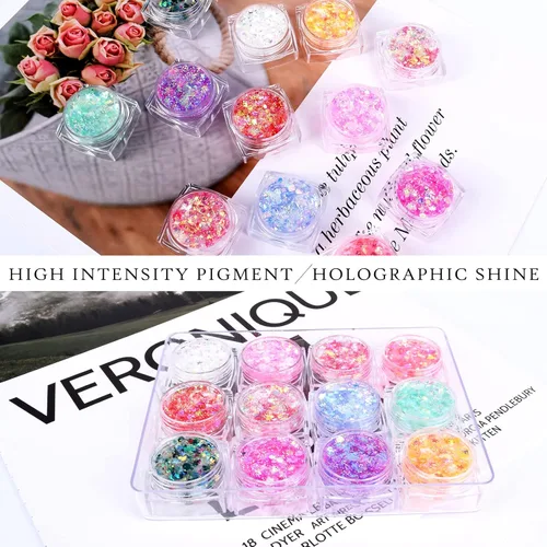 Miniatura 6 de Ownest Juego de gel holográfico con purpurina gruesa de 12 colores, para fiesta de Navidad, maquillaje, cara, cuerpo, labios, cabello, uñas, #00