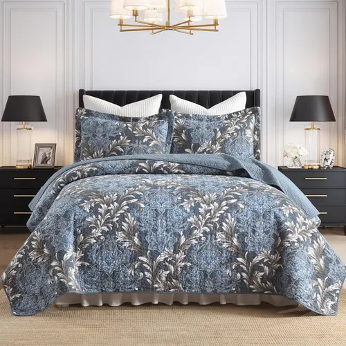 Miniatura 16 de Juego de edredón 100% algodón tamaño Queen de 3 piezas, edredón floral de damasco con 2 fundas, colcha acolchada floral vintage, ropa de cama ligera