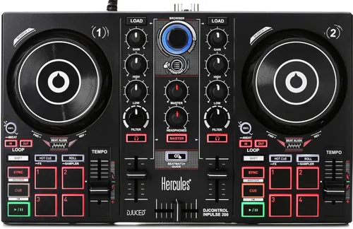 Hercules DJControl Inpulse 200 – Controlador DJ con USB, ideal para principiantes que aprenden a mezclar - 2 pistas con 8 pads y tarjeta de sonido -