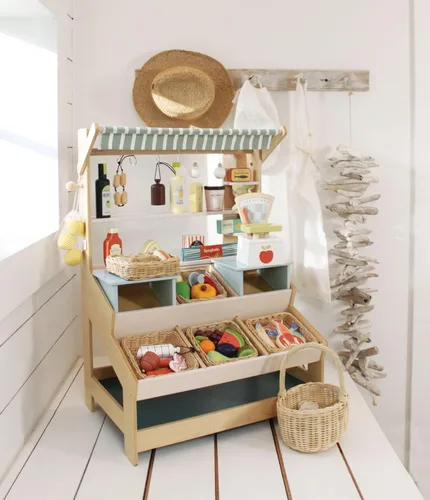 Miniatura 7 de Tender Leaf Toys - Cesta de mariscos - 6 piezas de mariscos de madera con cesta de mimbre hecha a mano, juego de comida de simulación, supermercado