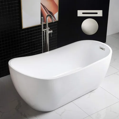 WOODBRIDGE Bañera de acrílico independiente de 67 pulgadas, bañera contemporánea, acrílico blanco (drenaje de níquel cepillado/desbordamiento),