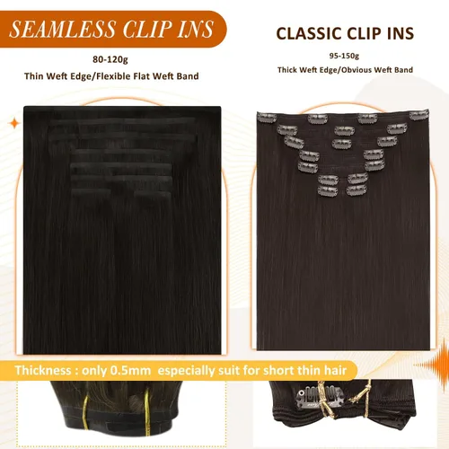 Miniatura 4 de Full Shine Extensiones de cabello humano con clip, sin costuras, color marrón oscuro, 18 pulgadas, con clip, invisible, trama de poliuretano