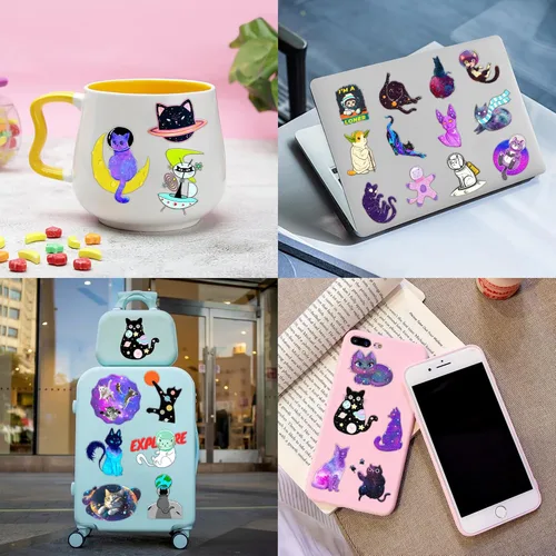 Miniatura 6 de 96 piezas divertidas de tatuajes temporales con temática de gatos espaciales, decoraciones de fiesta de cumpleaños, suministros de decoración