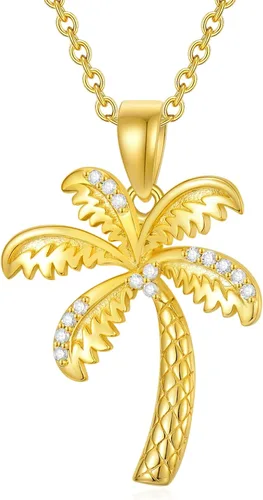 MUUYON Collares de plata 925 con diamantes de palmera para mujer, chapado en plata de ley en oro amarillo de 14 quilates, collar con colgante de