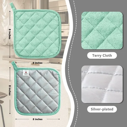 Miniatura 2 de Joyhalo Paquete de 4 agarraderas para ollas de cocina, agarraderas de horno de algodón con gran resistencia al calor, almohadillas térmicas Aqua