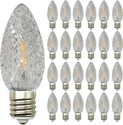Miniatura 19 de Paquete de 25 bombillas LED transparentes C7, bombillas de repuesto de Navidad con base de candelabro E12, bombillas blancas cálidas inastillables