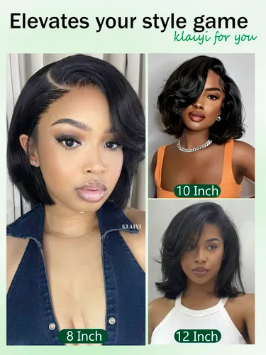 Miniatura 5 de KLAIYI Peluca de cabello humano con encaje frontal precortada 7x5, corte Bob en capas, corte romo, cordón sin pegamento, peluca predepilada