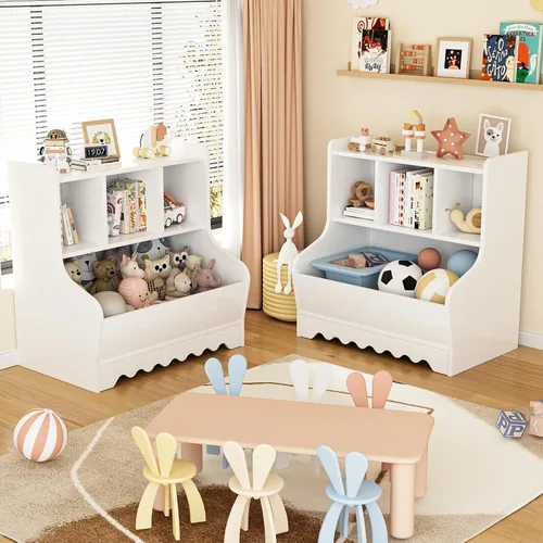 Miniatura 6 de Marcytop Organizador de almacenamiento de juguetes para niños, estante de madera con 4 cubículos para niños, estantería para bebés