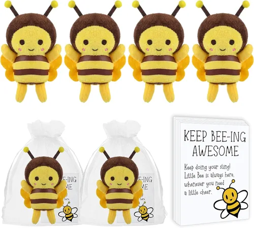 RoundFunny 6 juegos de llaveros de abeja de peluche de 5 pulgadas con tarjetas inspiradoras y bolsas de organza para bodas, regalos de fiesta de
