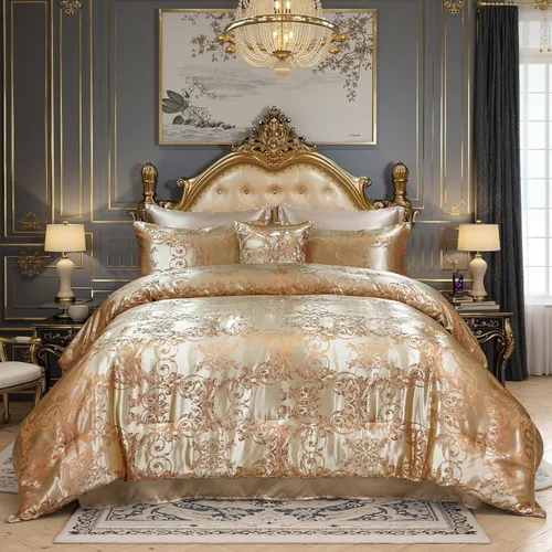 Miniatura 13 de Juego de edredón morado tamaño Queen, juego de sábanas de satén jacquard de 8 piezas bordado neoclásico floral elegante cama decoración del hogar